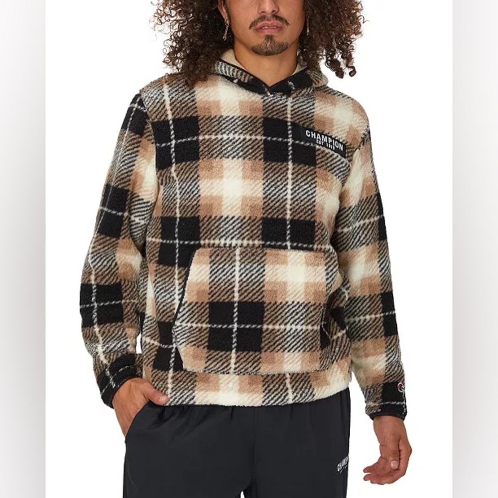 Champion Men's Plaid Faux-Shearling Pullover Hoodie